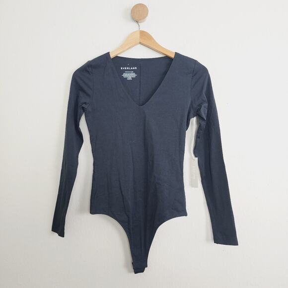 NEW Everlane Black V-Neck Long Sleeve Thong One-Piece Bodysuit Top - Picture 5 of 12